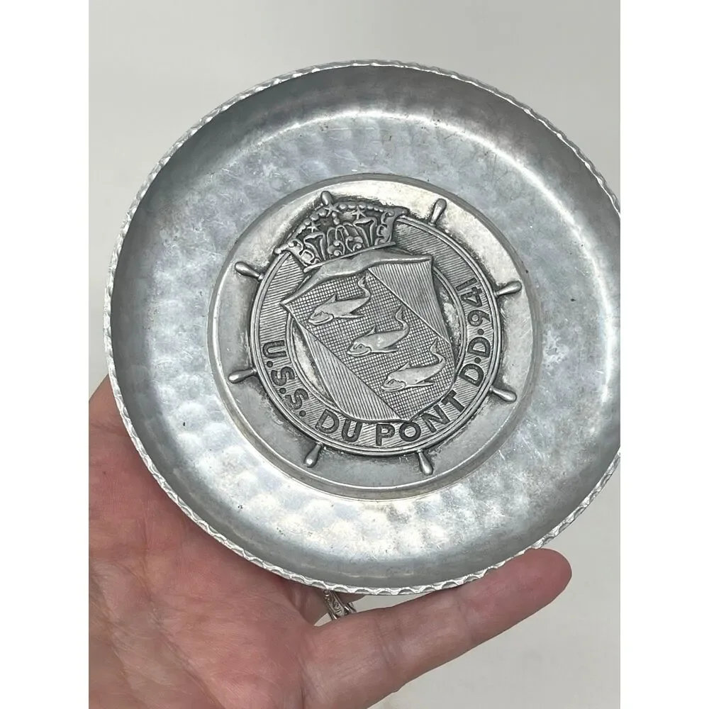 Vintage USS DuPont DD 941 Pewter Trinket Dish, Destroyer Military Ship, Du Pont